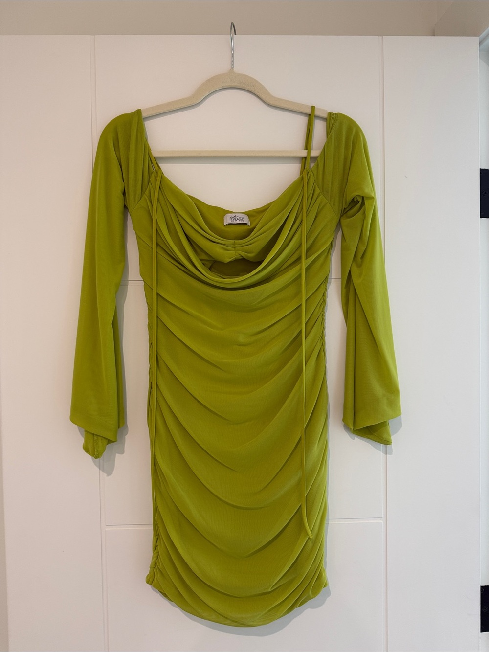 Oh Polly Lime Green Draped Long Sleeve Ruched Bodycon Dress